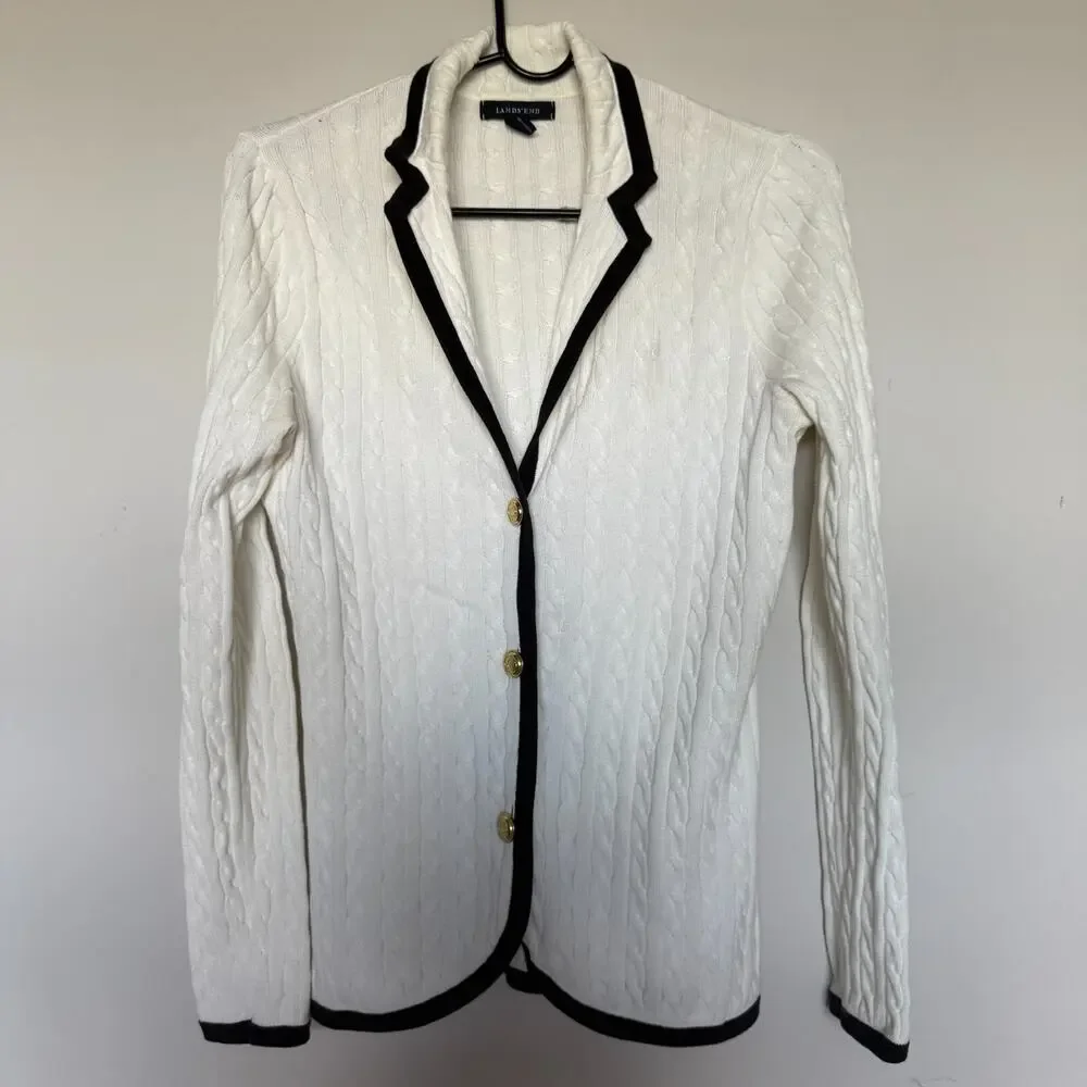 Lands End Womens Sweater Small White Contrast Trim Schoolgirl Coastal Preppy